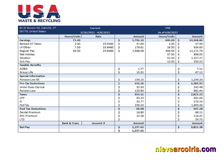 USA Waste & Recycling recycling company pay stub